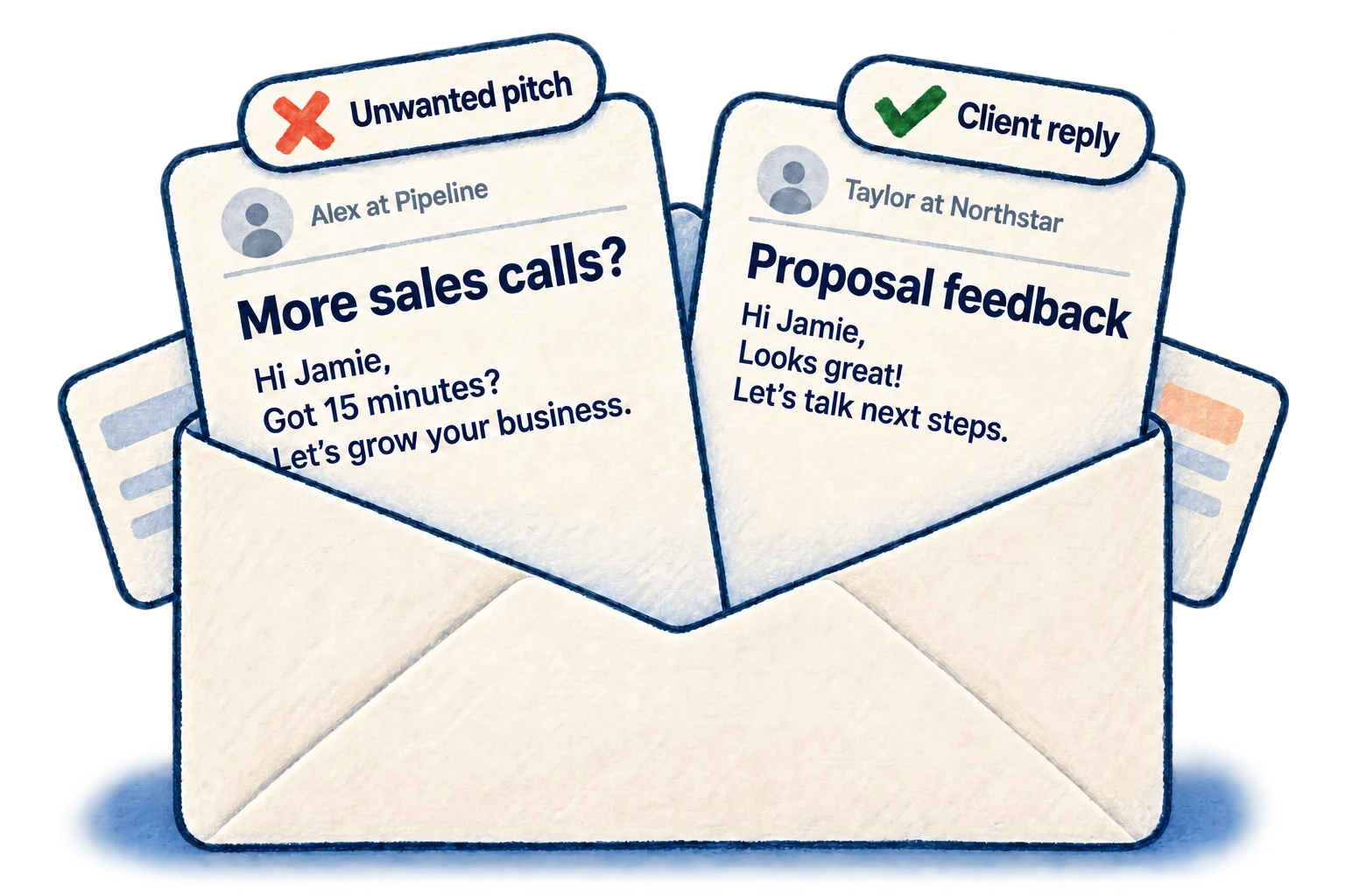 Two legitimate emails fan out of an envelope: an unwanted sales pitch is marked with a red X, while a client's reply about a proposal has a green check.