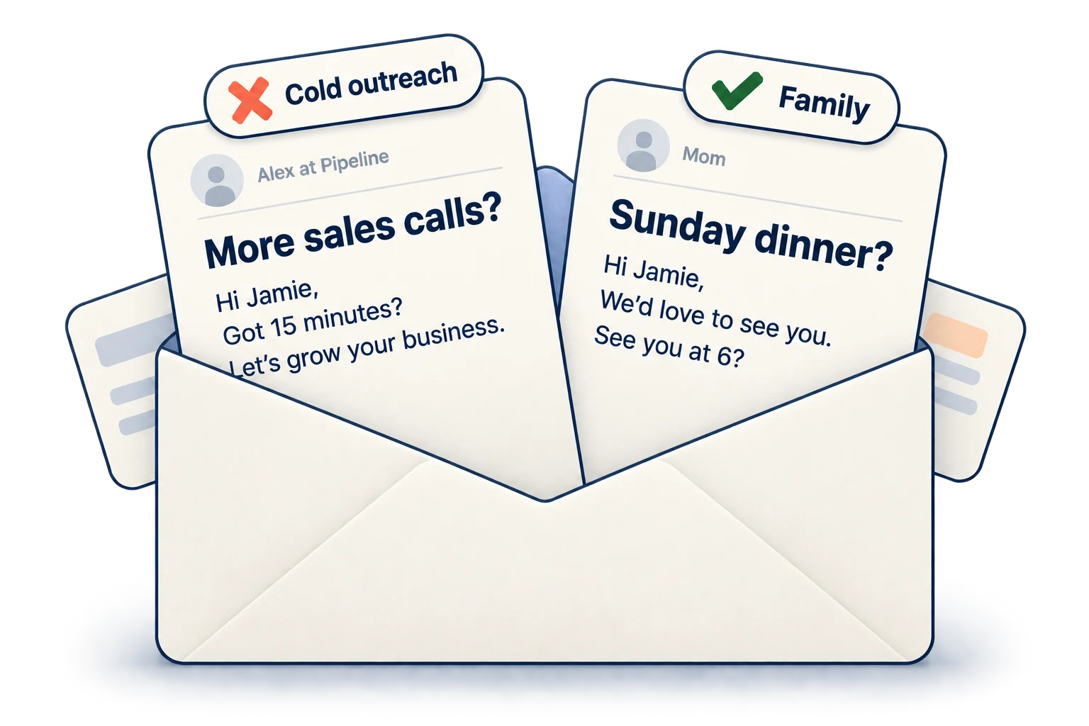 Two emails fan out of an envelope: a cold sales pitch is marked with a red X, while Mom’s Sunday dinner invitation has a green check.