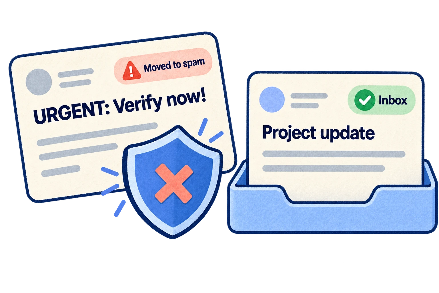 A suspicious urgent verification email is moved to spam, while a project update reaches the inbox.