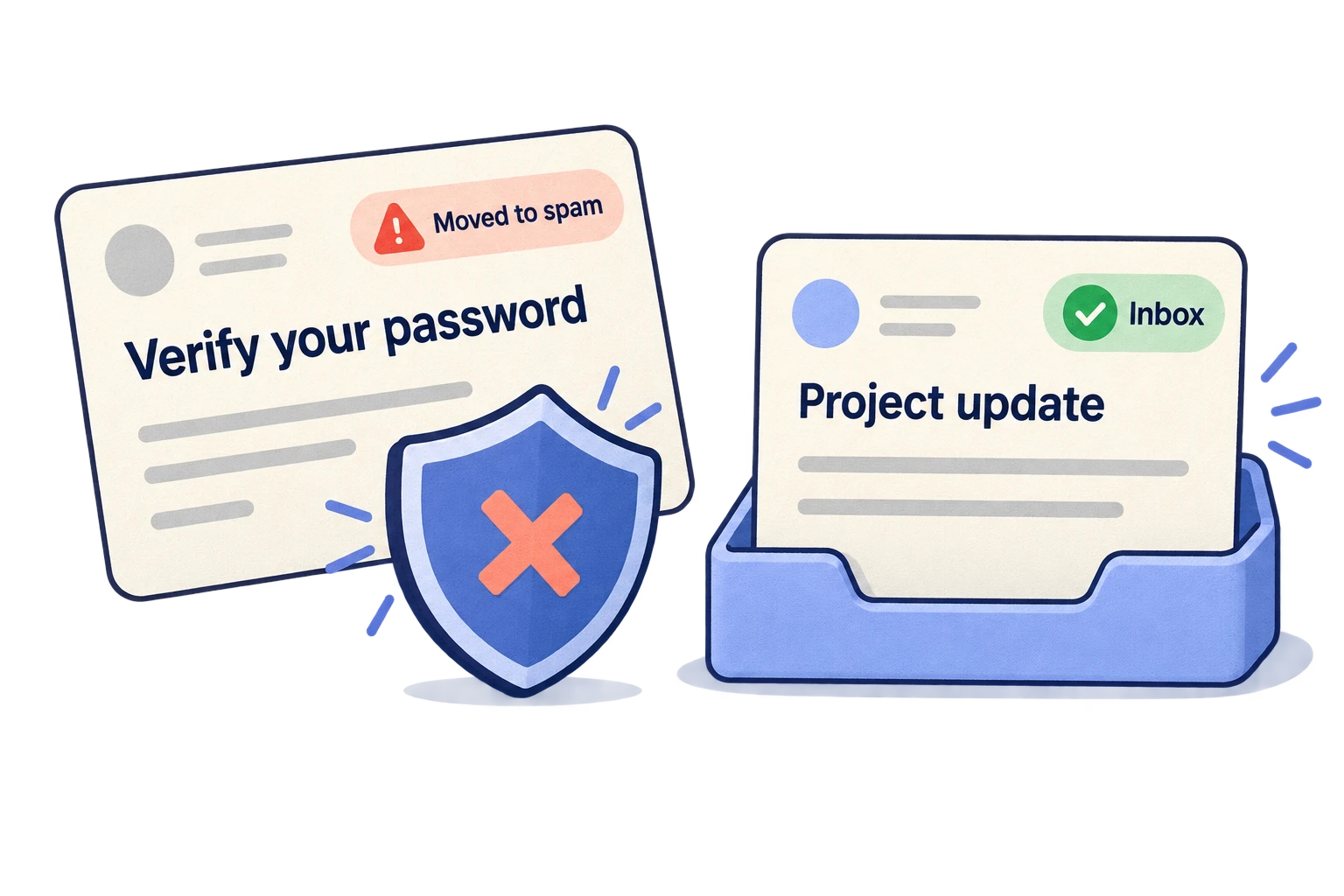 A suspicious password verification email is moved to spam, while a project update reaches the inbox.