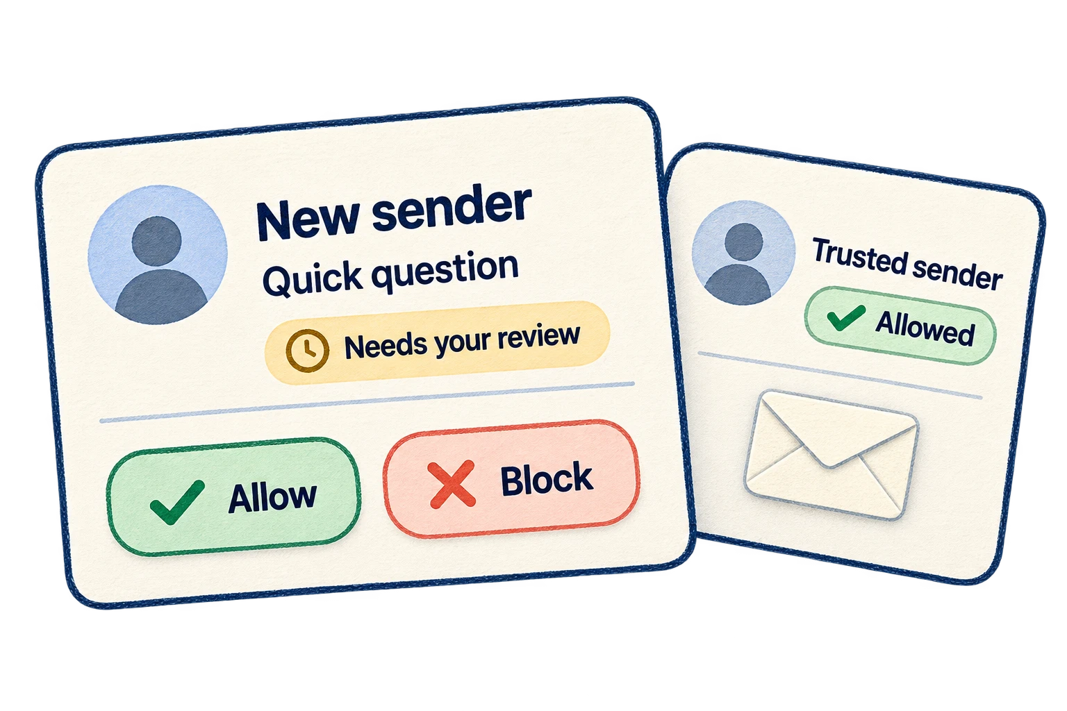 A new sender waits for an Allow or Block decision, while a trusted sender is already allowed.